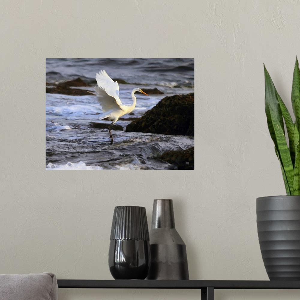A modern room featuring A great egret dances on the waves at Cypress Point in Pebble Beach. Its radiant warm colors compl...