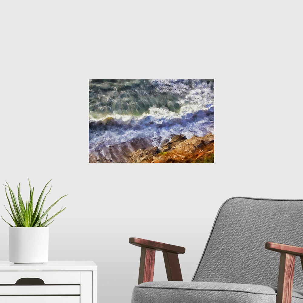 A modern room featuring A view of a crashing wave from a cliff in the Big Sur Headlands. Acclaimed artist Michael Lynberg...