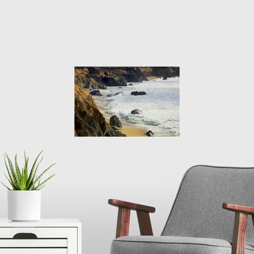 A modern room featuring Gentle waves reach the bluffs at Garrapata Beach in Big Sur, their cool colors complementing the ...