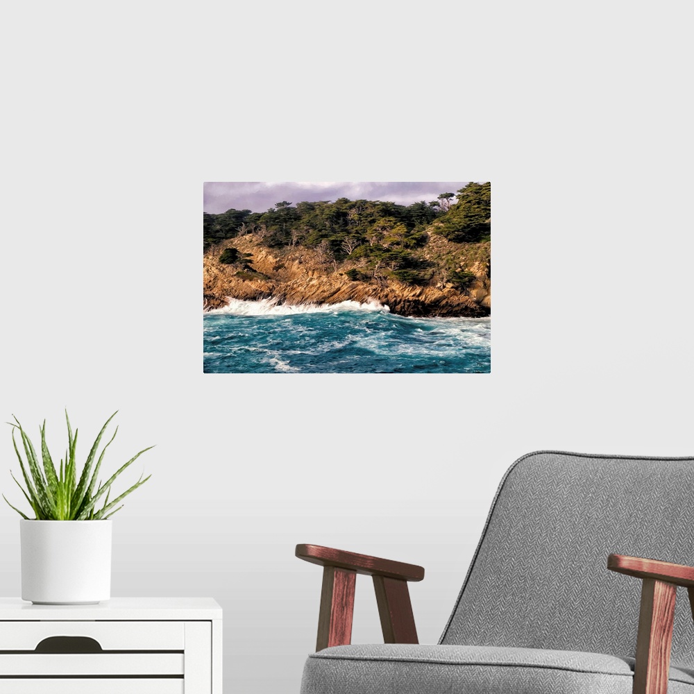 A modern room featuring Waves crash upon granite cliffs amid the dynamic beauty of the Point Lobos Sate Reserve, often ca...