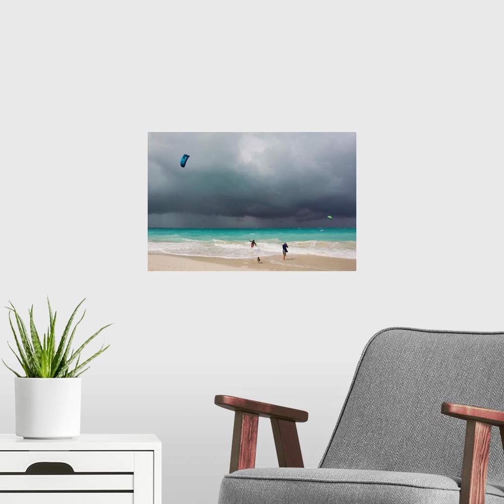 A modern room featuring A kiteboarder enjoying gusty winds created by Hurricane Tomas.