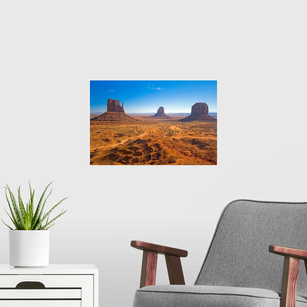 A modern room featuring Horizontal photograph from the National Geographic Collection of the vast, sandy landscape of Mon...