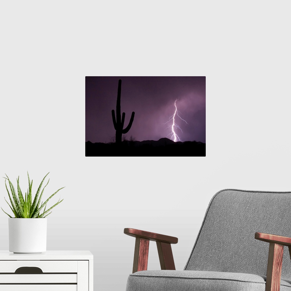 A modern room featuring From the National Geographic Collection, a huge photograph at nighttime displays the bright flash...
