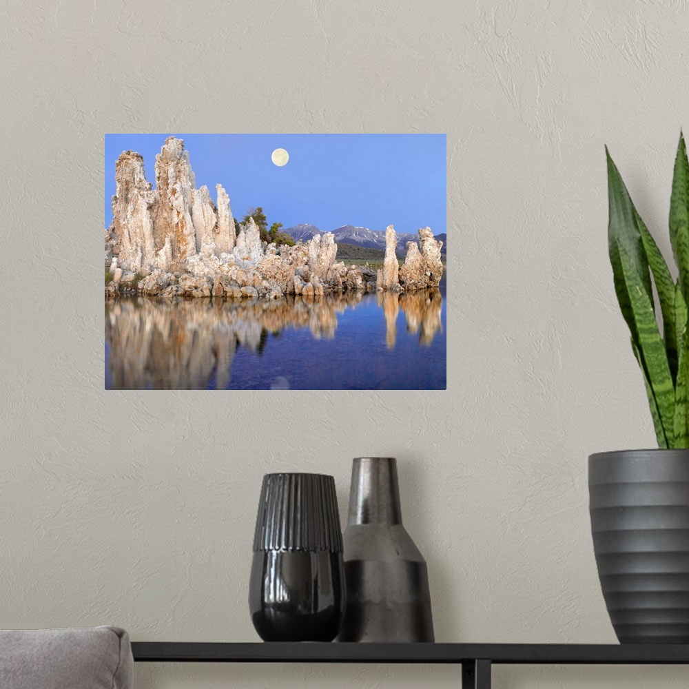 A modern room featuring Full moon over Mono Lake with wind and rain eroded tufa towers and the eastern Sierra Nevada Moun...