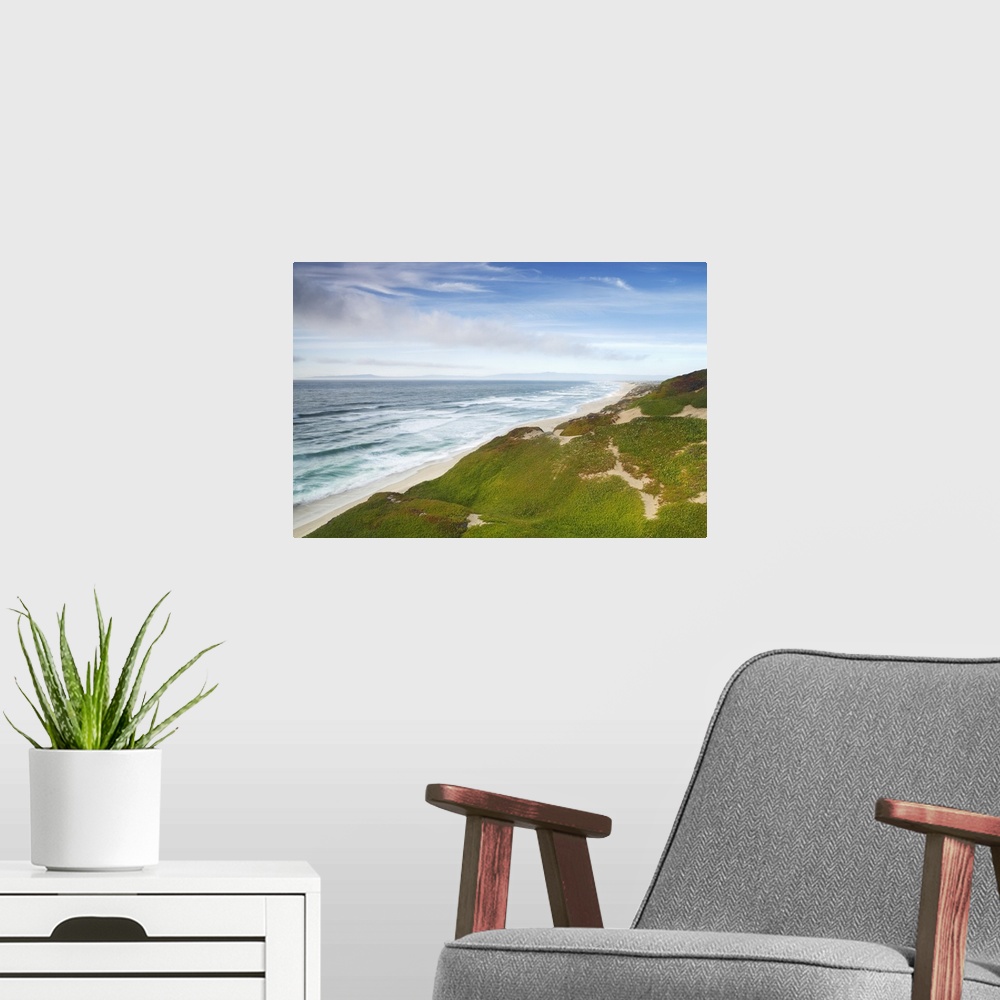 A modern room featuring Ice plant covering sand dunes along coastline, Sand City, Monterey Bay, California