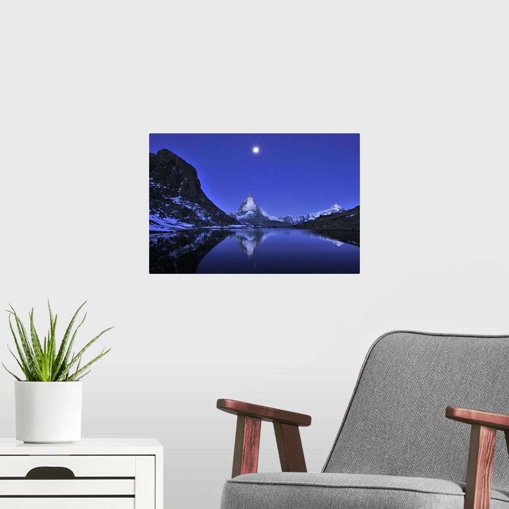 A modern room featuring Matterhorn - with reflection - Riffelsee - at night - full moon - before sunrise - Switzerland