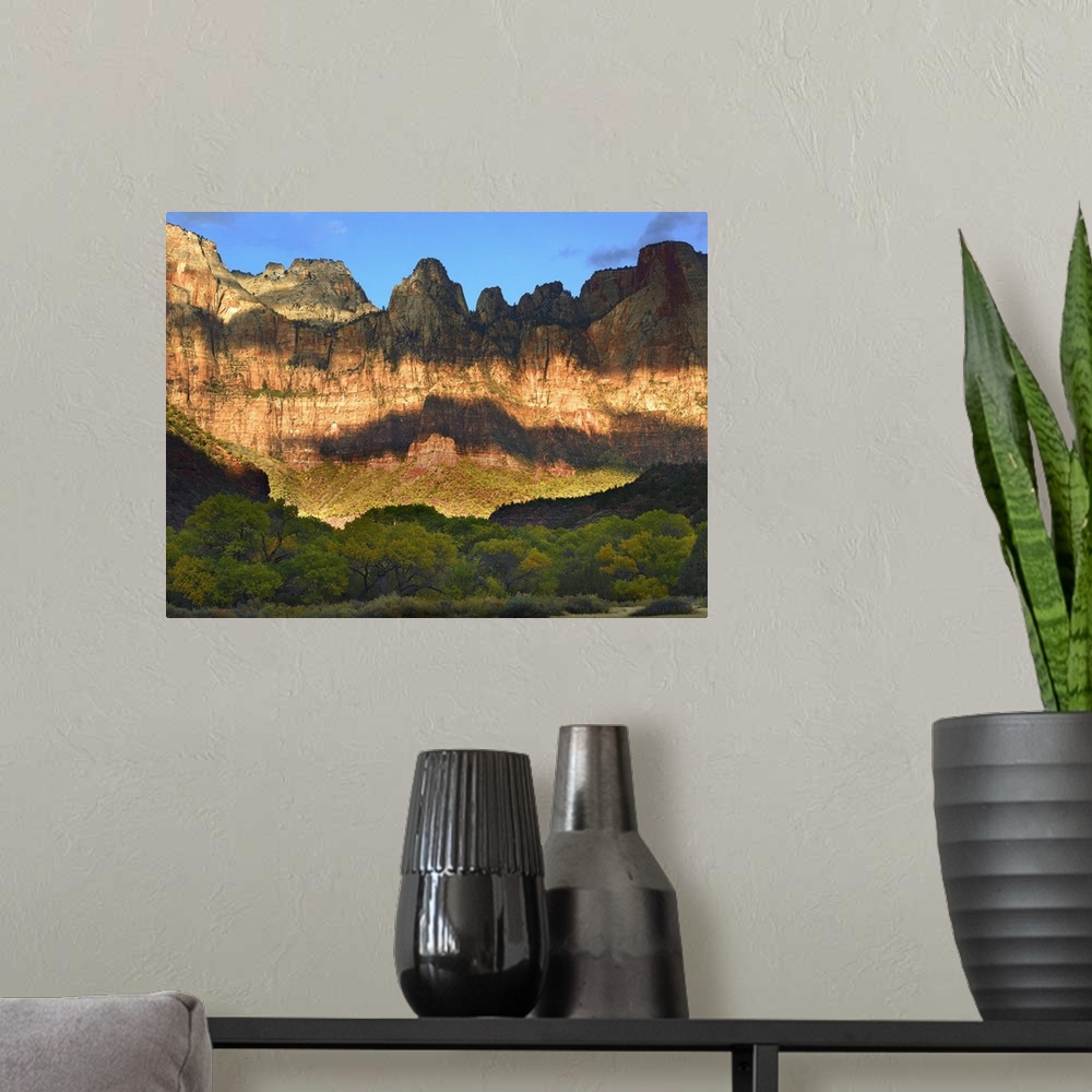 A modern room featuring Picture taken of giant cliffs that have cloud shadows covering part of it and a line of trees on ...