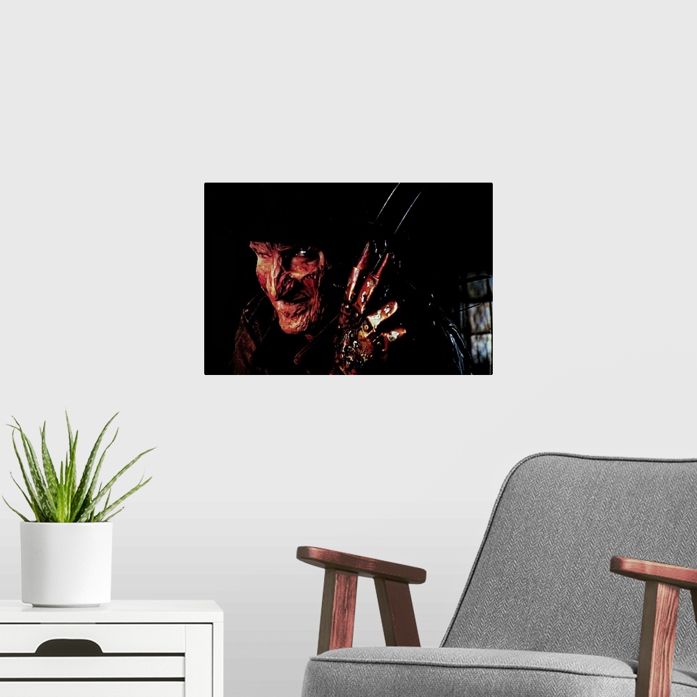 A modern room featuring Feverish, genuinely frightening horror film about Freddy Krueger (Englund), a scarred maniac in a...