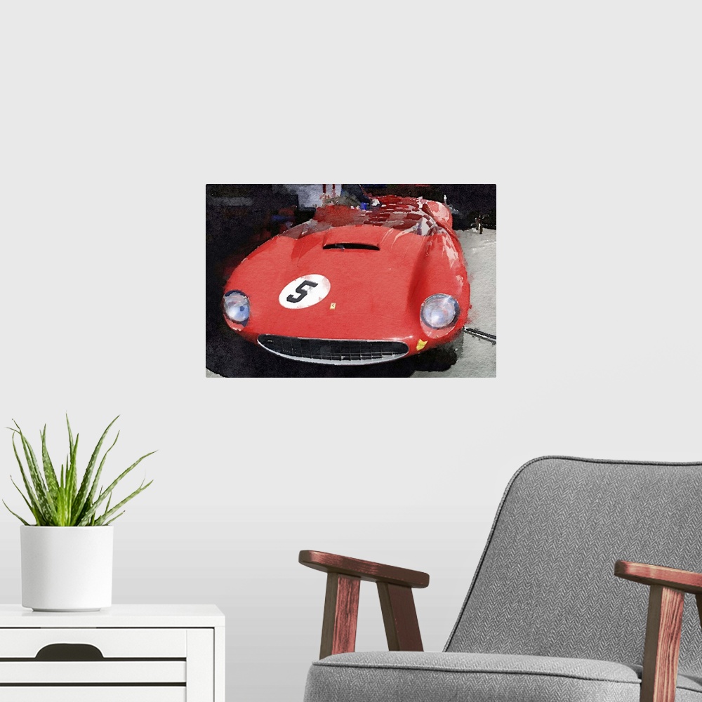 A modern room featuring 1962 Ferrari in the Pits Watercolor