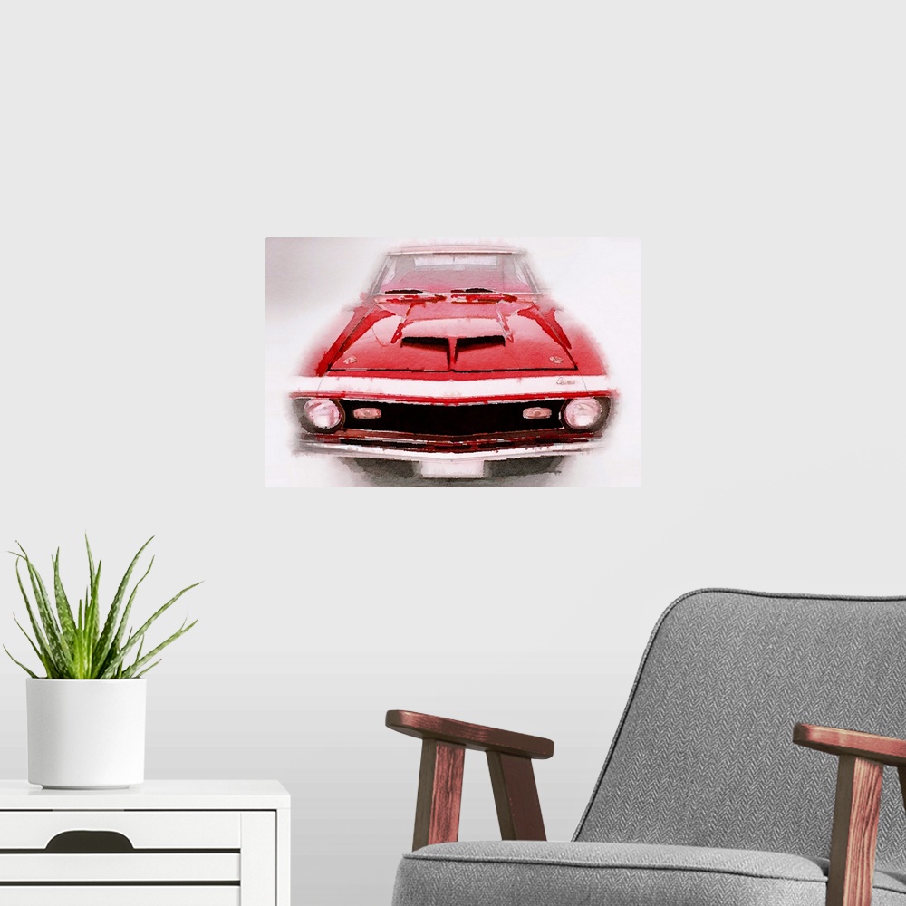 A modern room featuring 1968 Chevy Camaro Front End Watercolor