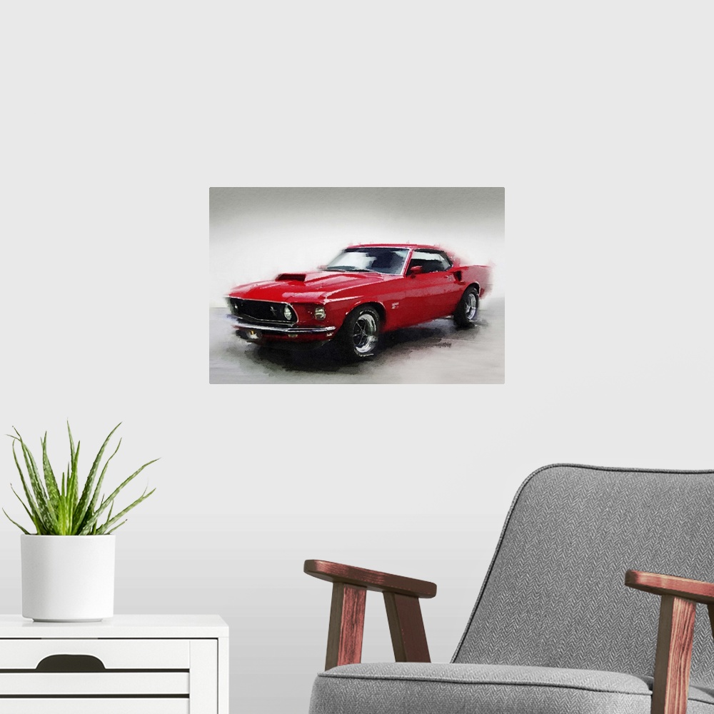A modern room featuring 1969 Ford Mustang Watercolor