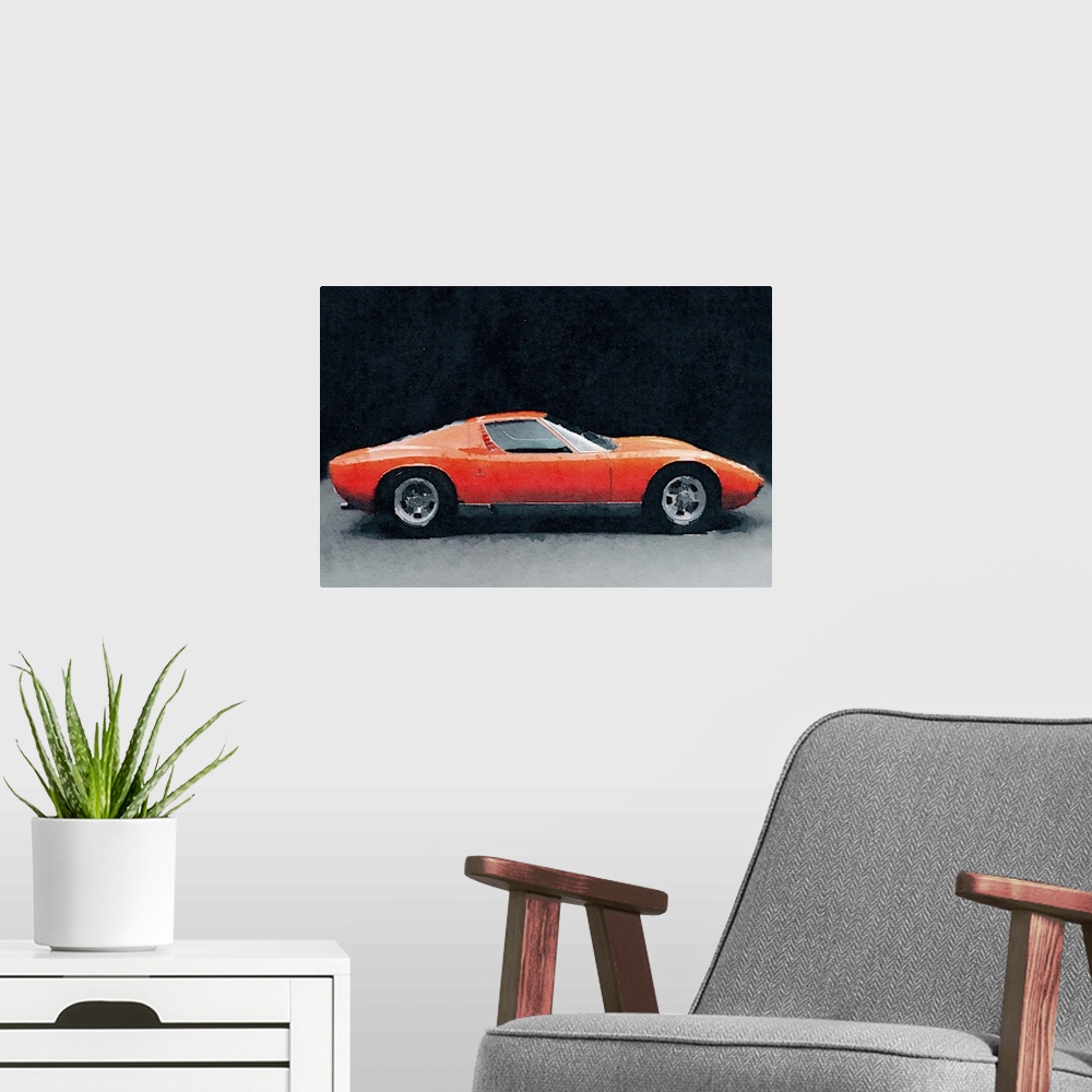 A modern room featuring 1971 Lamborghini Miura P400 S Watercolor
