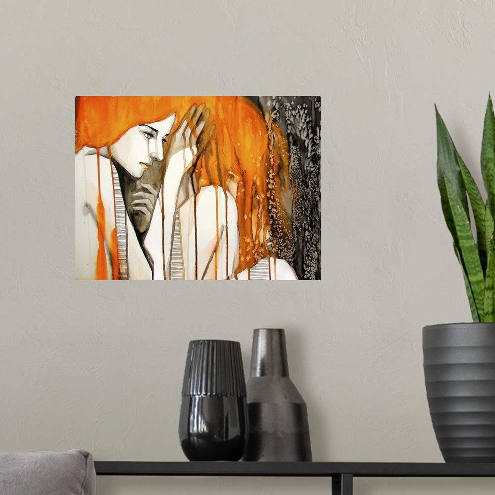 A modern room featuring Contemporary watercolor portrait of a woman with bright orange hair.