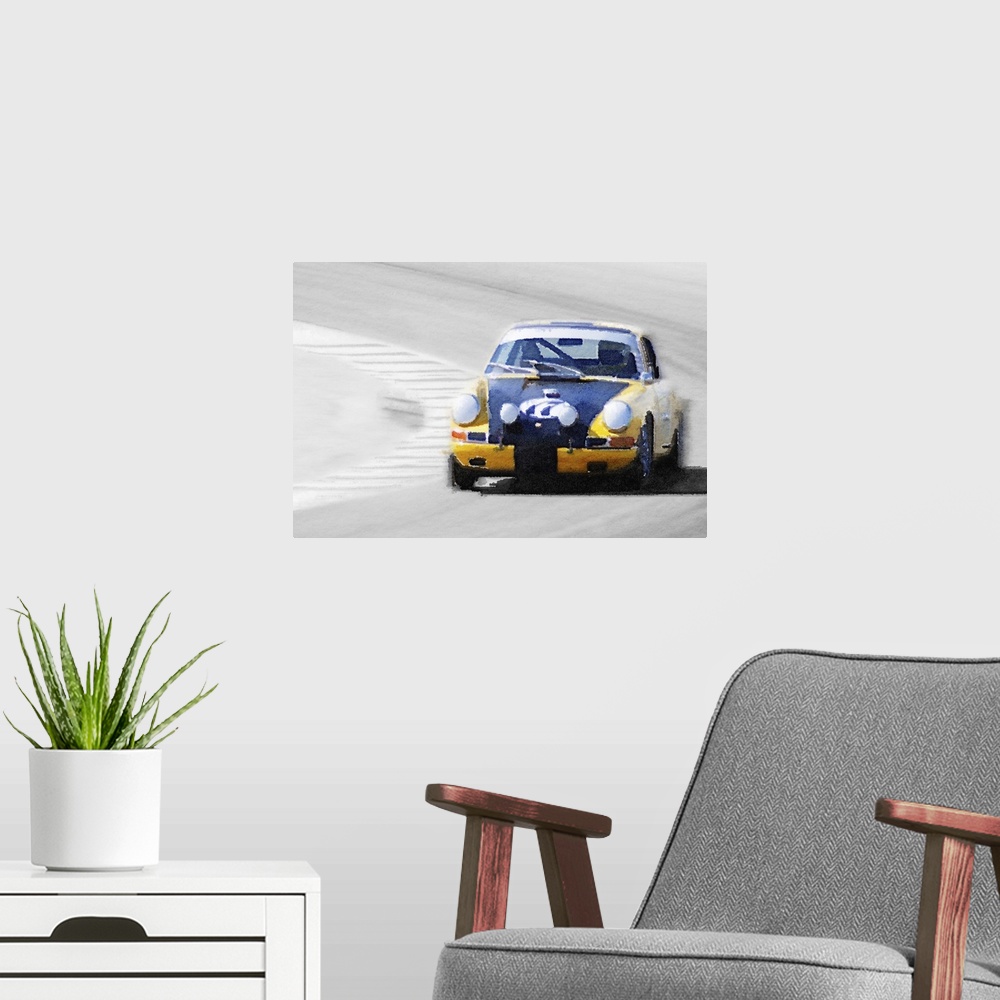 A modern room featuring Porsche 911 on Race Track Watercolor