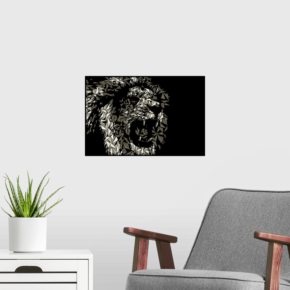 A modern room featuring A lion with bared teeth made up of triangular geometric shapes.
