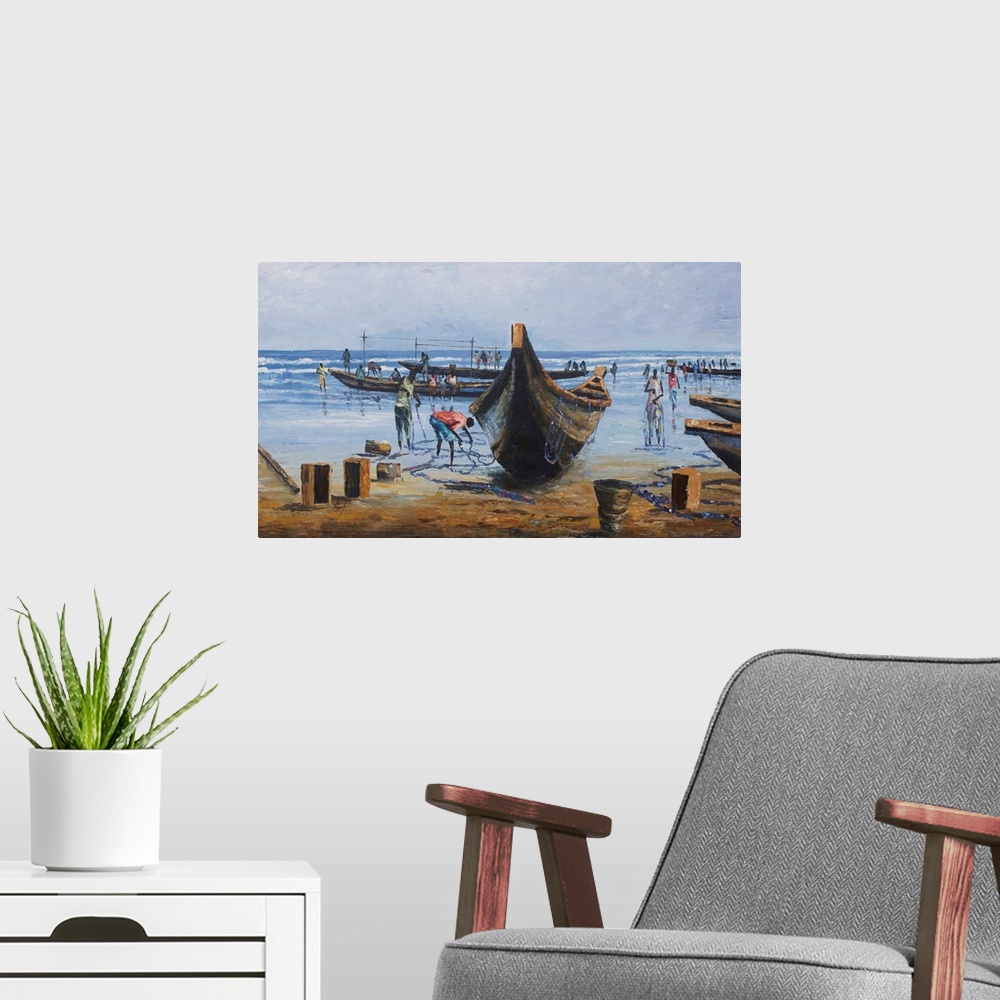 A modern room featuring Fishermen beach their boats on the sands. After a departure at dawn, they will sell their catch t...