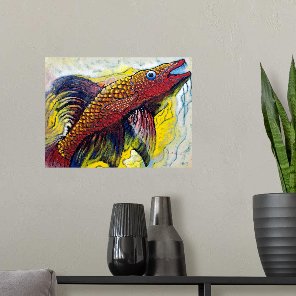 A modern room featuring A colorful fish leaps from the water, bright fins flowing gracefully in a wish for flight. A favo...