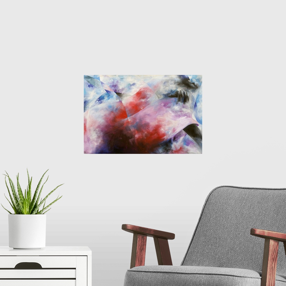 A modern room featuring Leaning forward, she gestures to unseen shoppers. Blue mist envelops the woman dressed in red, an...