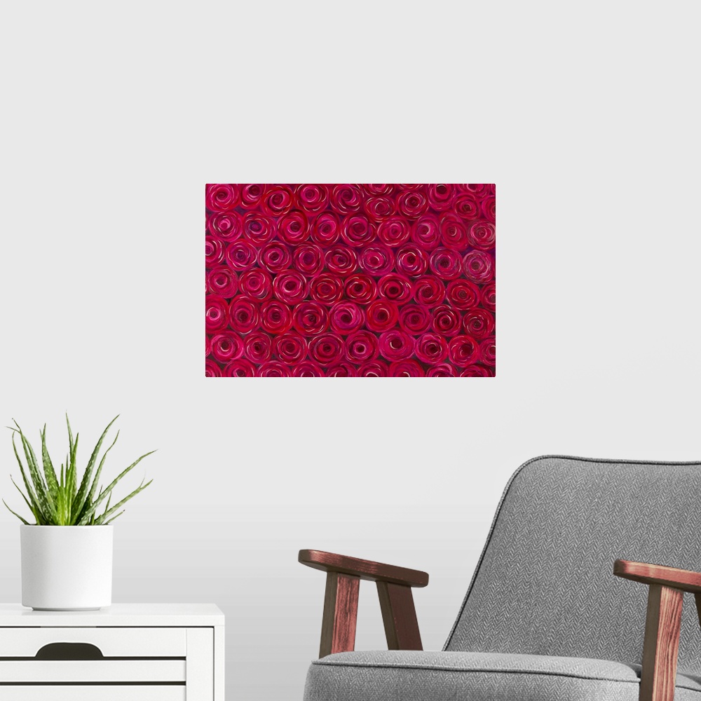 A modern room featuring Red roses multiply, their beauty repeating itself into infinity. Quiet Guitron works in encaustic...