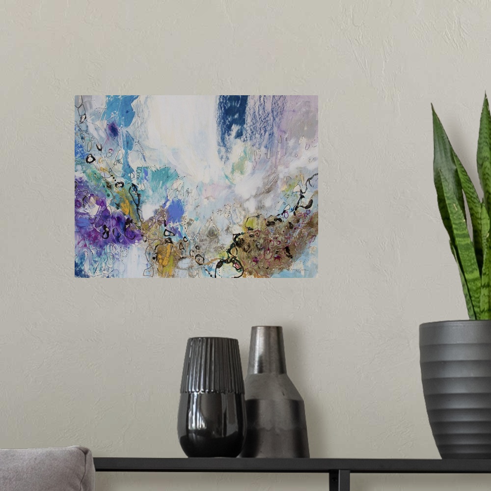 A modern room featuring Mixed media abstract on card with pastel, watercolor ink and metallics.