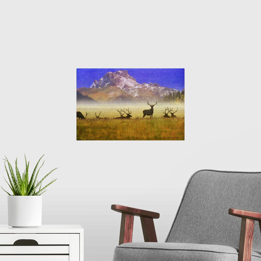 A modern room featuring Contemporary artwork of silhouetted group of bull elk in a misty morning field.