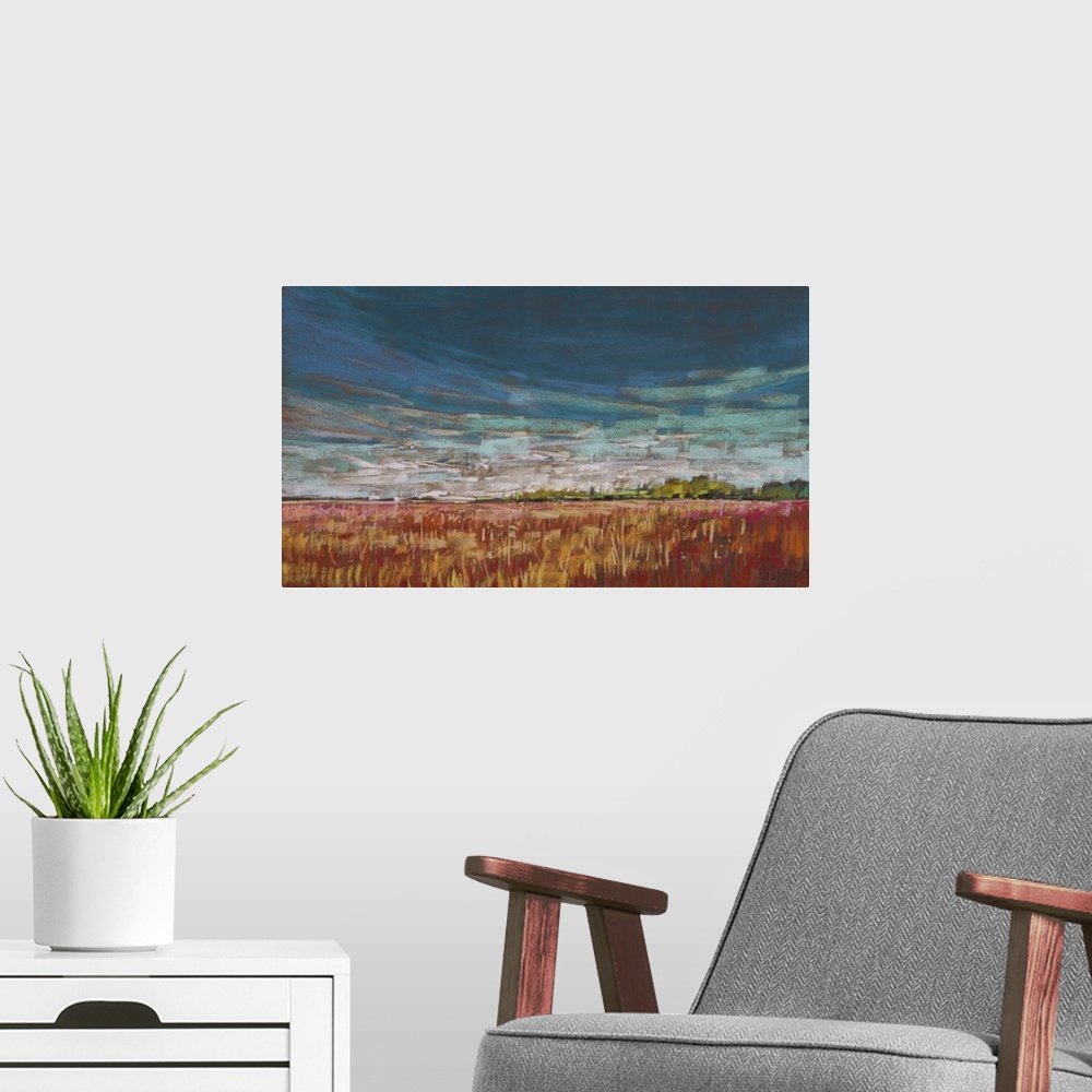 A modern room featuring Late Afternoon Light IV is a pastel painting on sanded paper