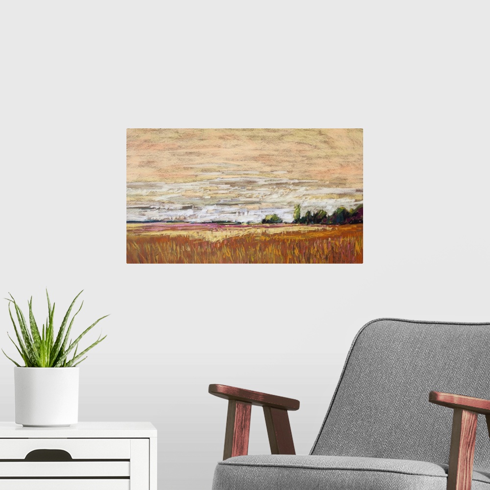 A modern room featuring Pastel landscape painting of pastoral countryside with trees, fields and clouds.