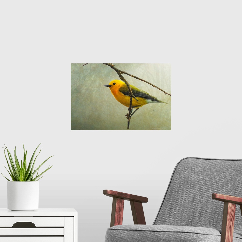 A modern room featuring Contemporary artwork of a Warbler perched on a tree branch.