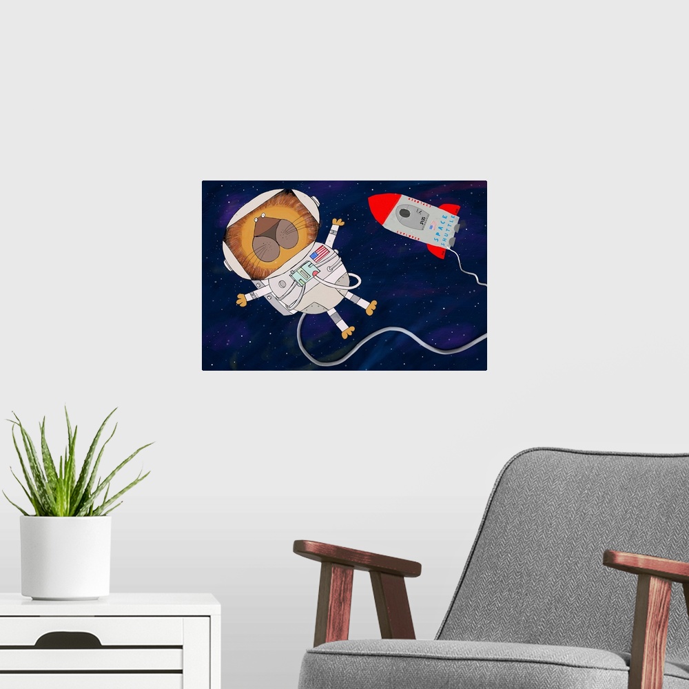 A modern room featuring Illustrated art of spaceman and spaceship by artist Carla Daly.