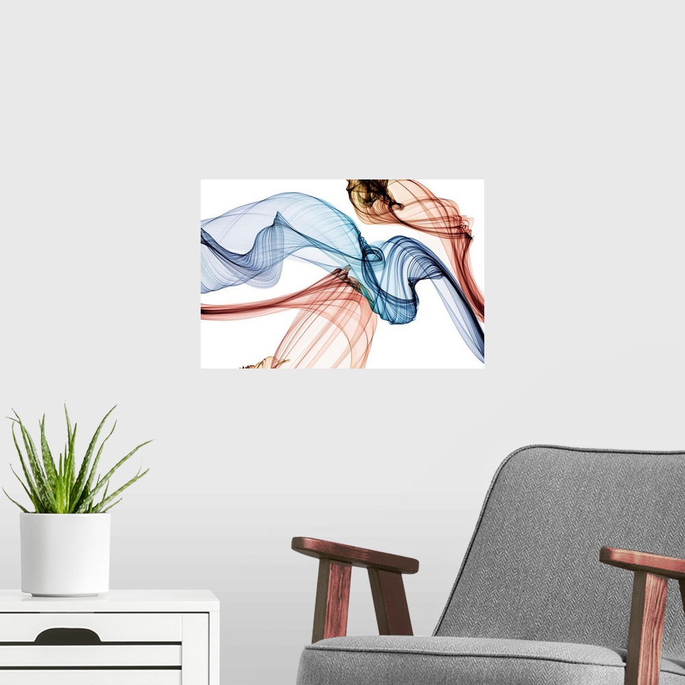 A modern room featuring Abstract artwork created by swirling and flowing vapor.