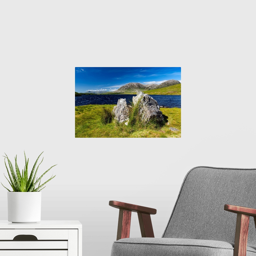 A modern room featuring Scottish landscape with lake and mountain