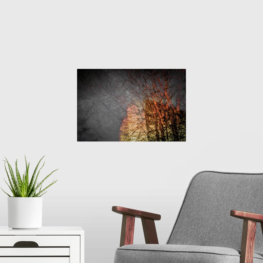 A modern room featuring Abstract composite of trees and a building with rough textures in brown, red, and white.