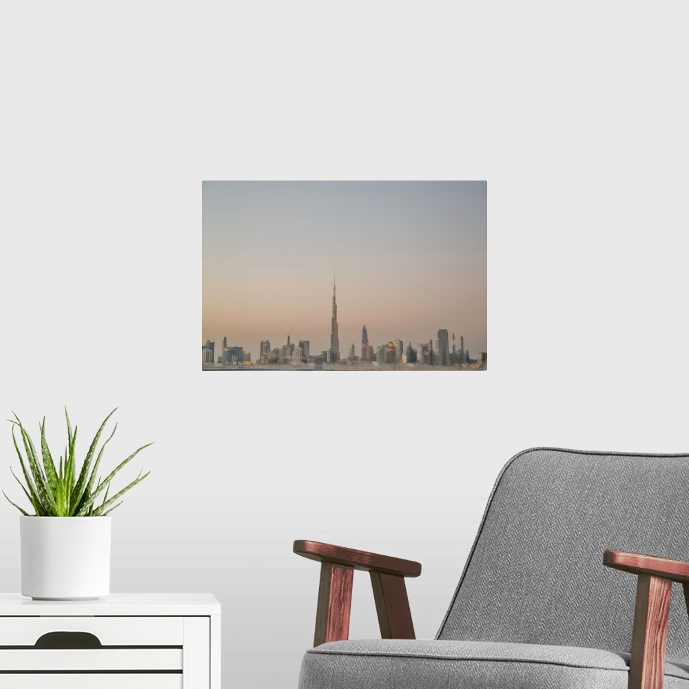 A modern room featuring Photograph of a blurred Dubai skyline created with multiple exposures, at dusk.
