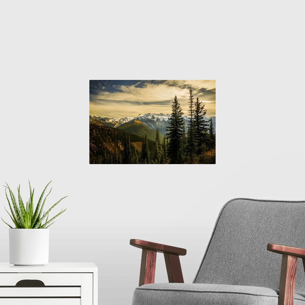 A modern room featuring Image made on an exceptionally beautiful afternoon towards evening in the mountains of British Co...
