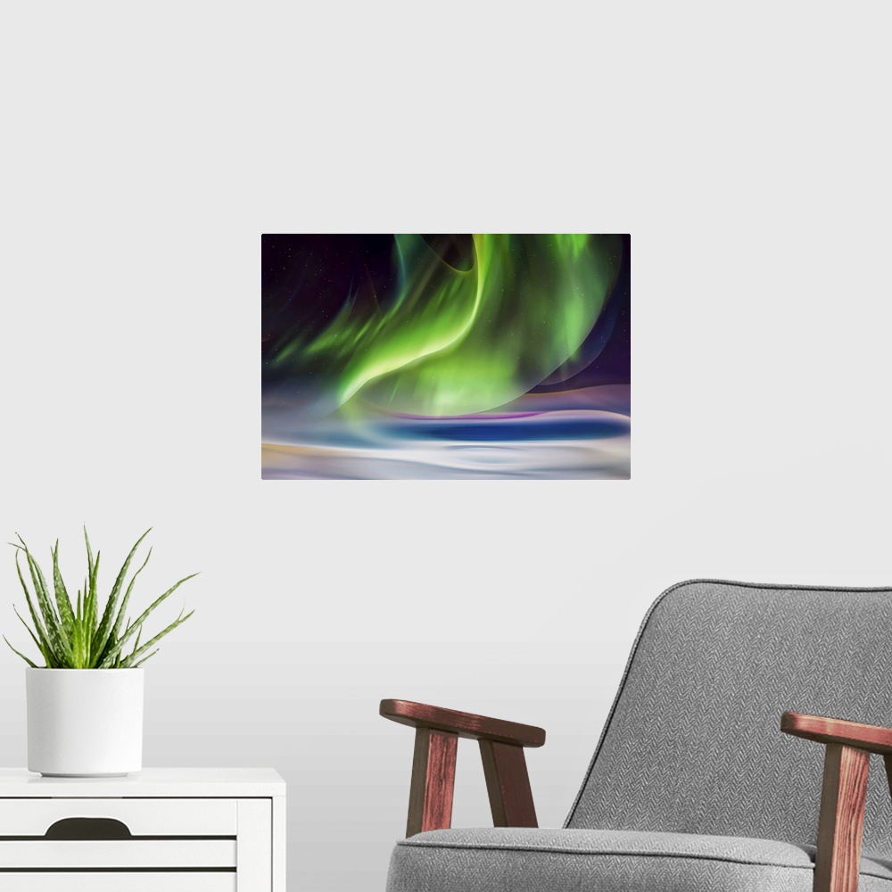 A modern room featuring Abstract interpretation of what an aurora borealis (the Northern Lights) looks like. This is a re...