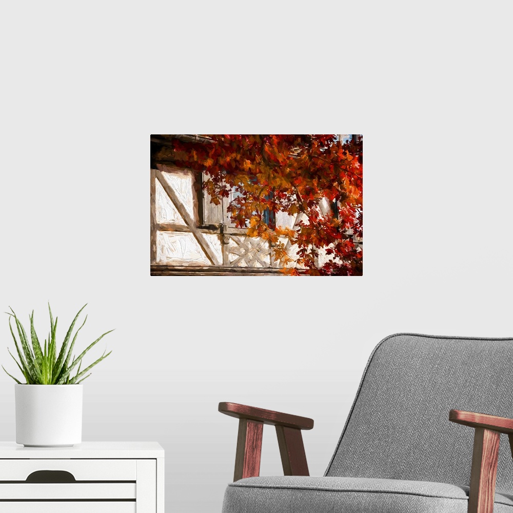 A modern room featuring Half-timbered house with a tree in front in the fall. Expressionist photo or Painterly