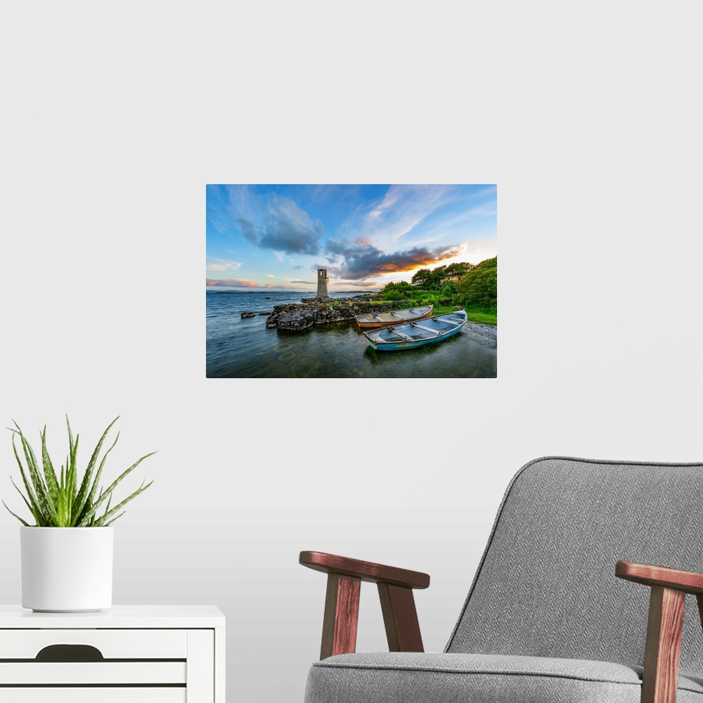 A modern room featuring Irish maritime landscape with fishing boats