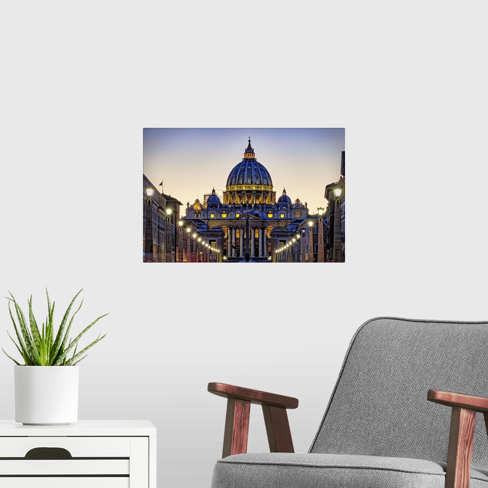 A modern room featuring Low Angle View of the Papal Basilica of St Peter's at Night, Vatican City, Rome, Italy