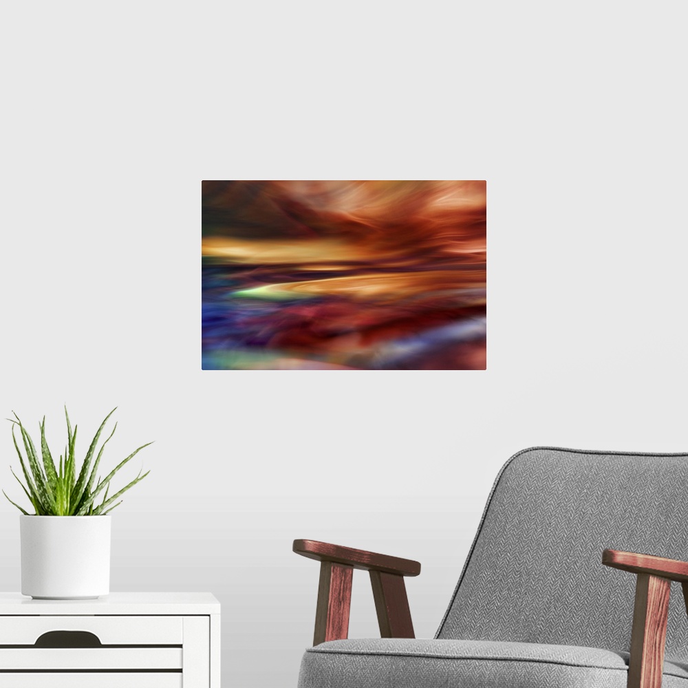 A modern room featuring Abstract macro motif of water in motion.