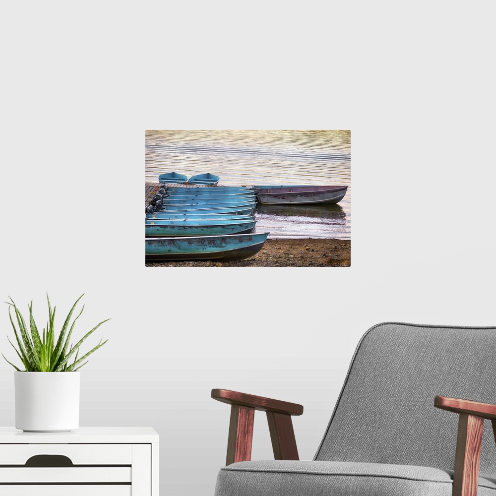 A modern room featuring A photograph of blue row boats sitting on the shoreline of a lake.