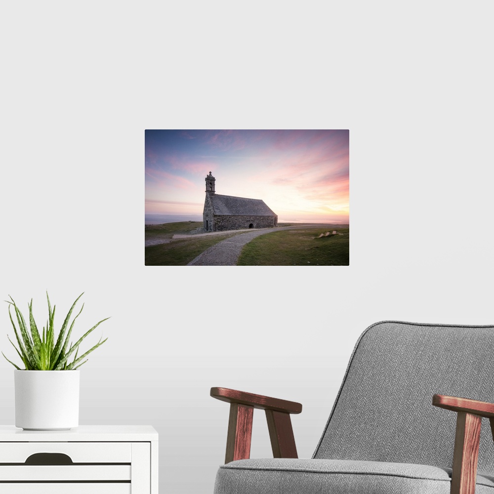 A modern room featuring Photograph of a gravel path leading to Chapelle Saint Michel De Brasparts in France at sunset.