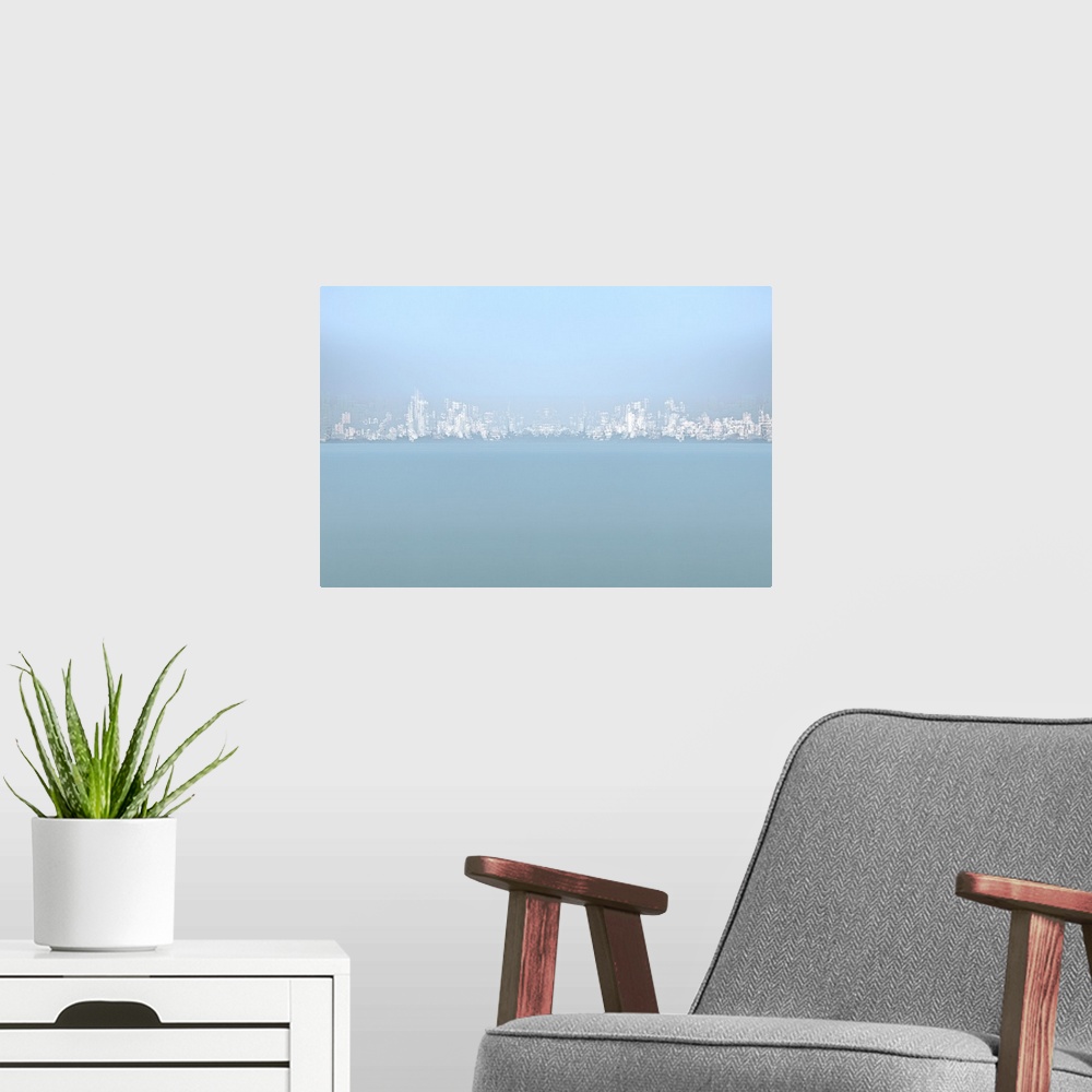 A modern room featuring Light blue and white image of an abstract city skyline created with multiple exposures.