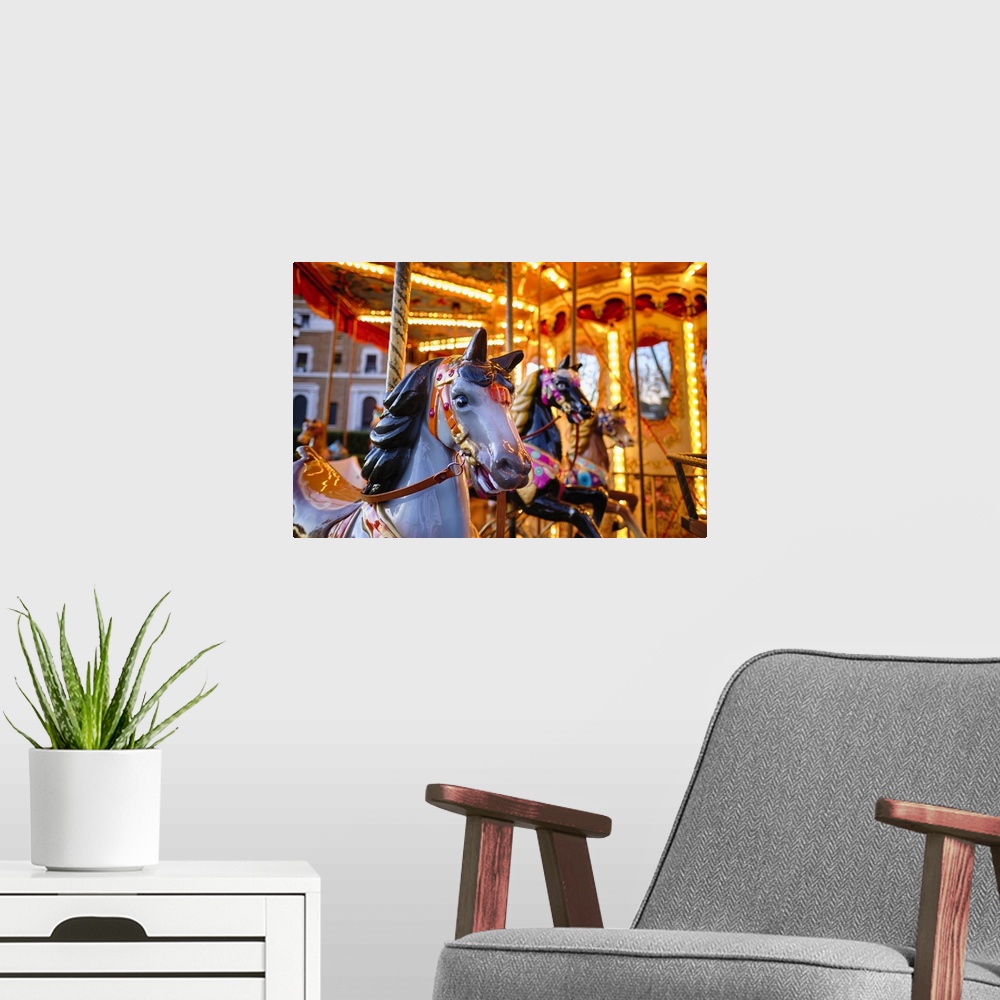 A modern room featuring Close Up View of Horses on a Classic Carousel, Rome, Italy