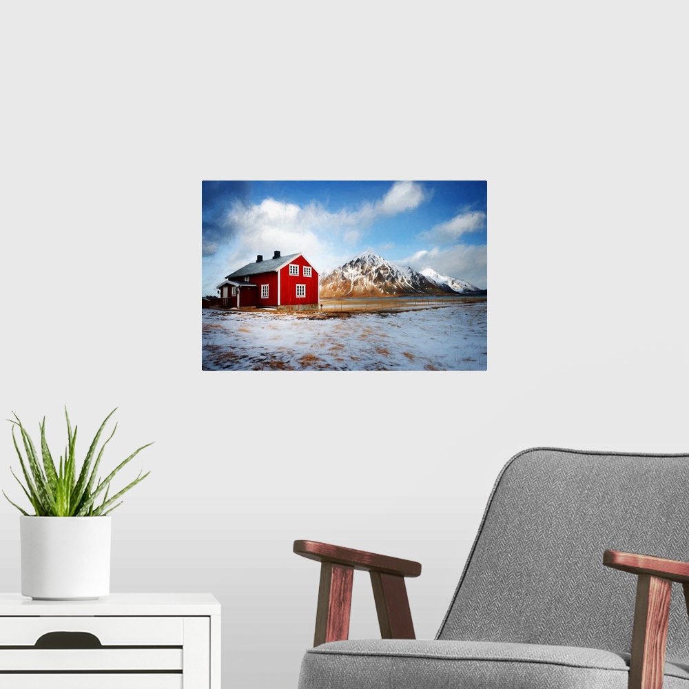 A modern room featuring A photograph of a mountain landscape with a red house in the foreground of the image.