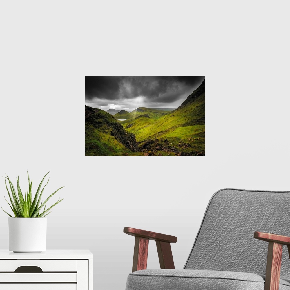 A modern room featuring Fine art photo of a lush valley under a stormy sky.
