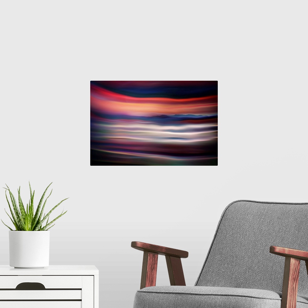 A modern room featuring Abstract photograph of blurred and blended colors and flowing lines.
