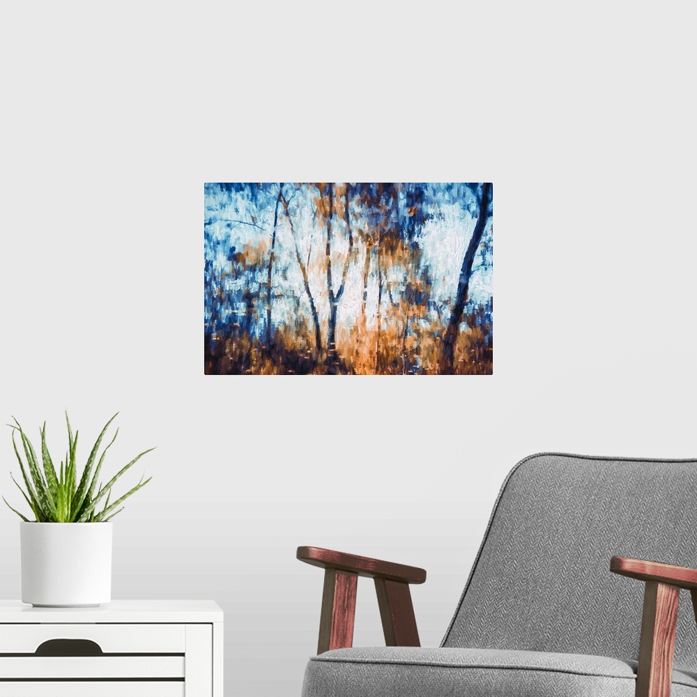 A modern room featuring Photo Expressionism -Trees reflected in a lake in the fall.