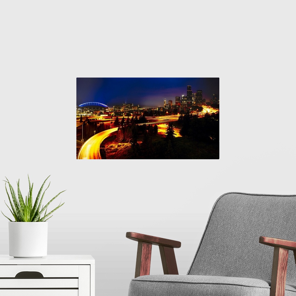 A modern room featuring Downtown Seattle At Night with Freeways Passing Through, Washington, USA