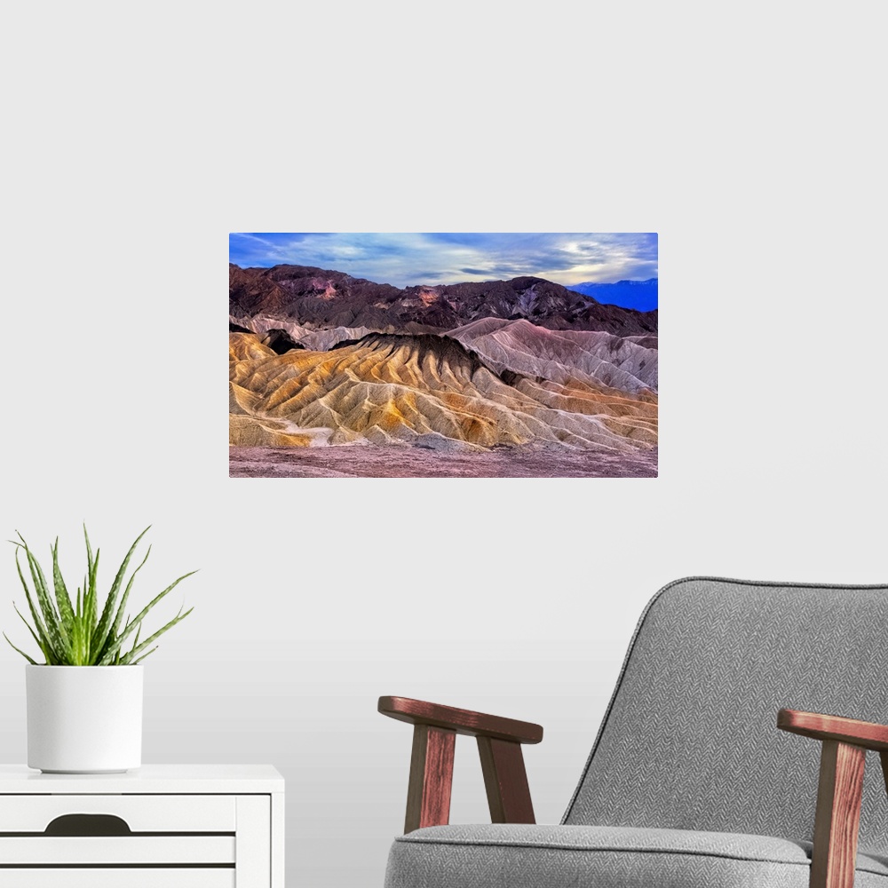 A modern room featuring Eroded Mountains at Zabriskie Point, Detah Valley National Park, California, USA.