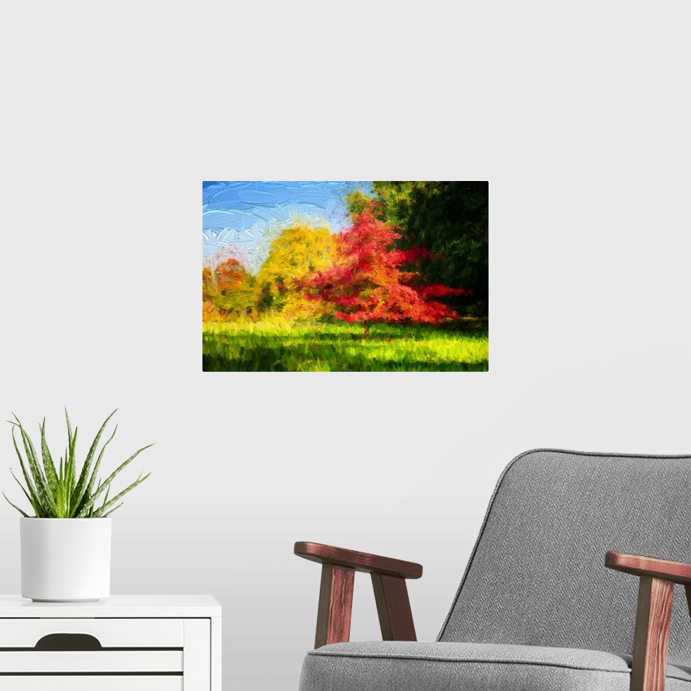 A modern room featuring Expressionist photo or painterly of nature in autumn